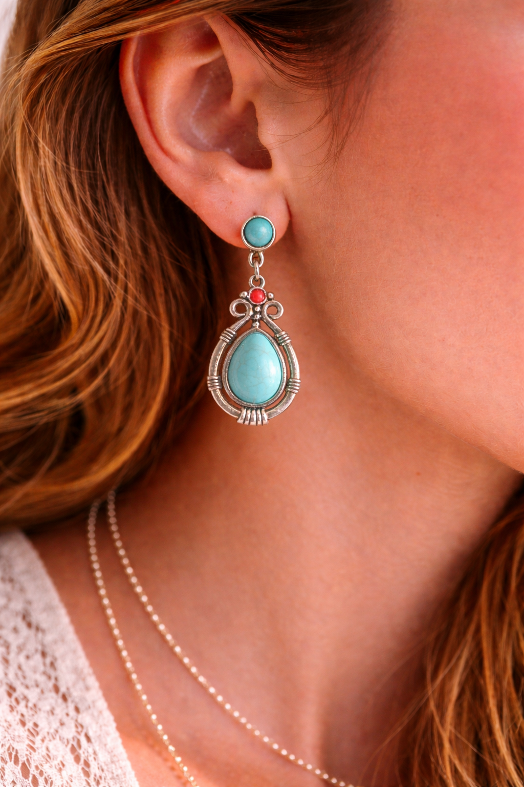 Vintage Teardrop Turquoise Frame Earrings with Coral Accent