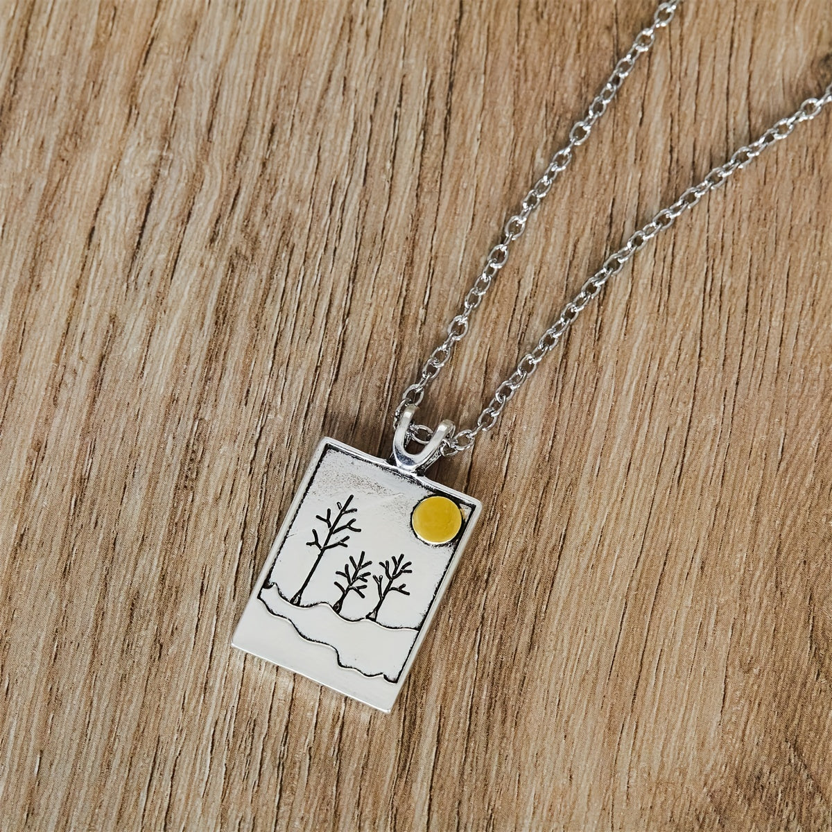 Bohemian Sun & Forest Pattern Rectangular Pendant Necklace – Minimalist Vintage Jewellery Gift