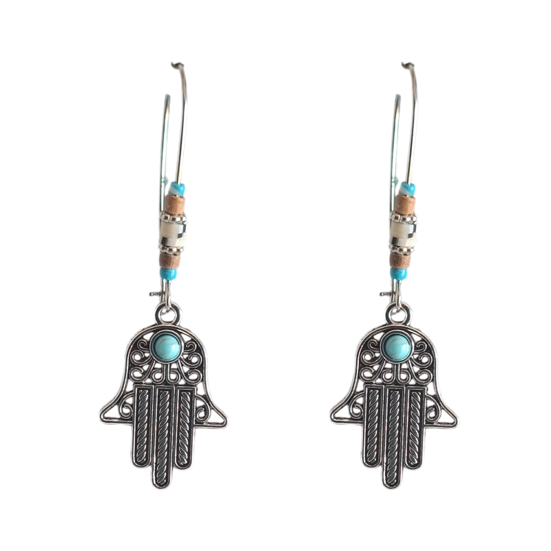 Boho Hamsa Hand Dangle Earrings with Turquoise Accent
