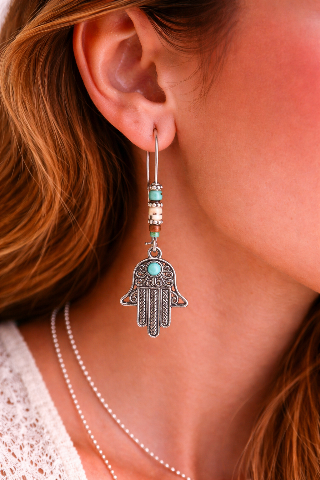 Boho Hamsa Hand Dangle Earrings with Turquoise Accent