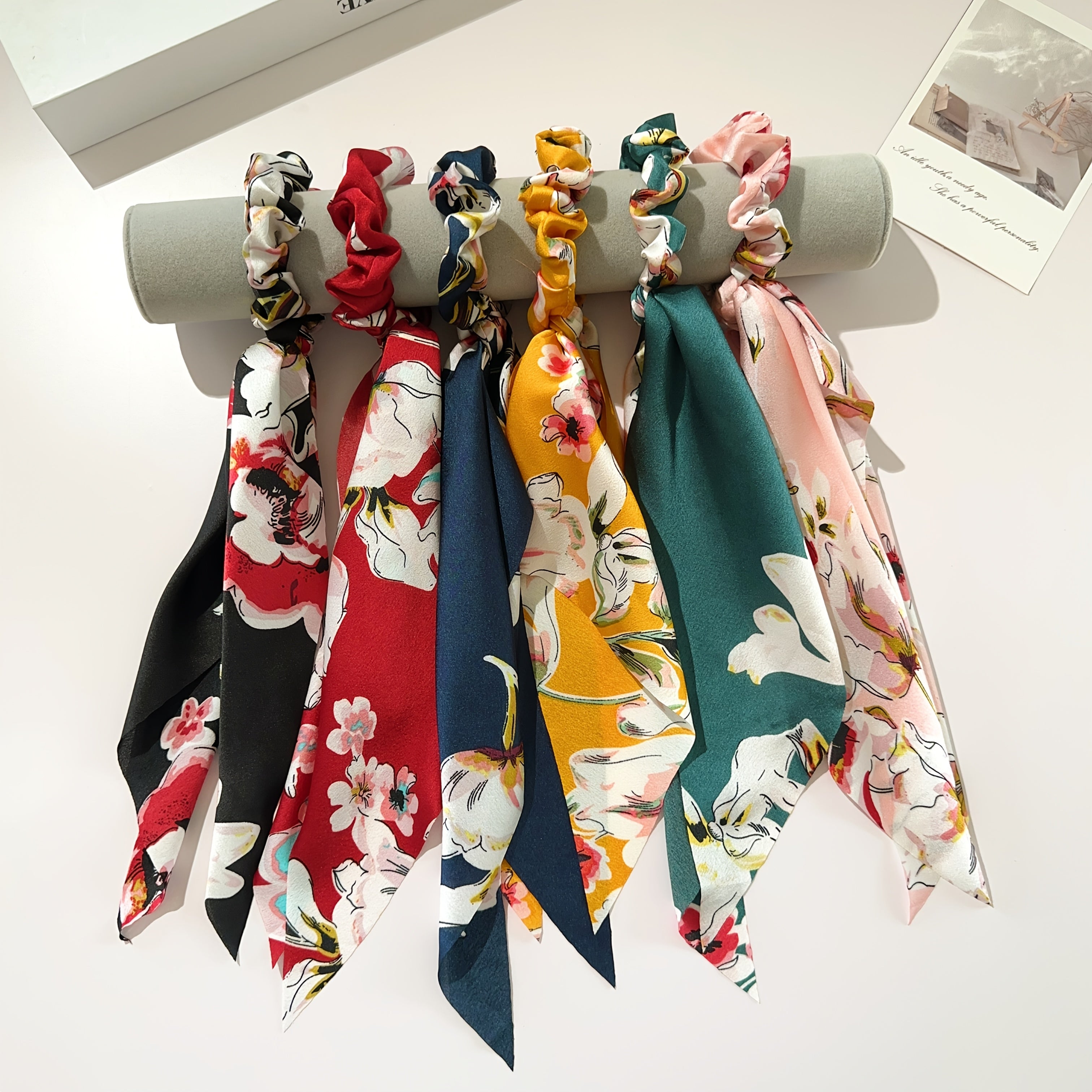 6 x Bohemian Printed Bow Scrunchies–Elegant Floral Hair Ties for Women