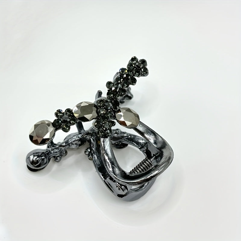 Luxury rhinestone flower hair clip with crystal detailing. Elegant mini shark claw clip