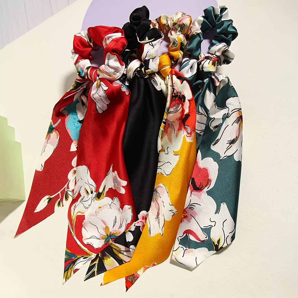 4-pack vintage floral peony hair scrunchies with ribbon tails.