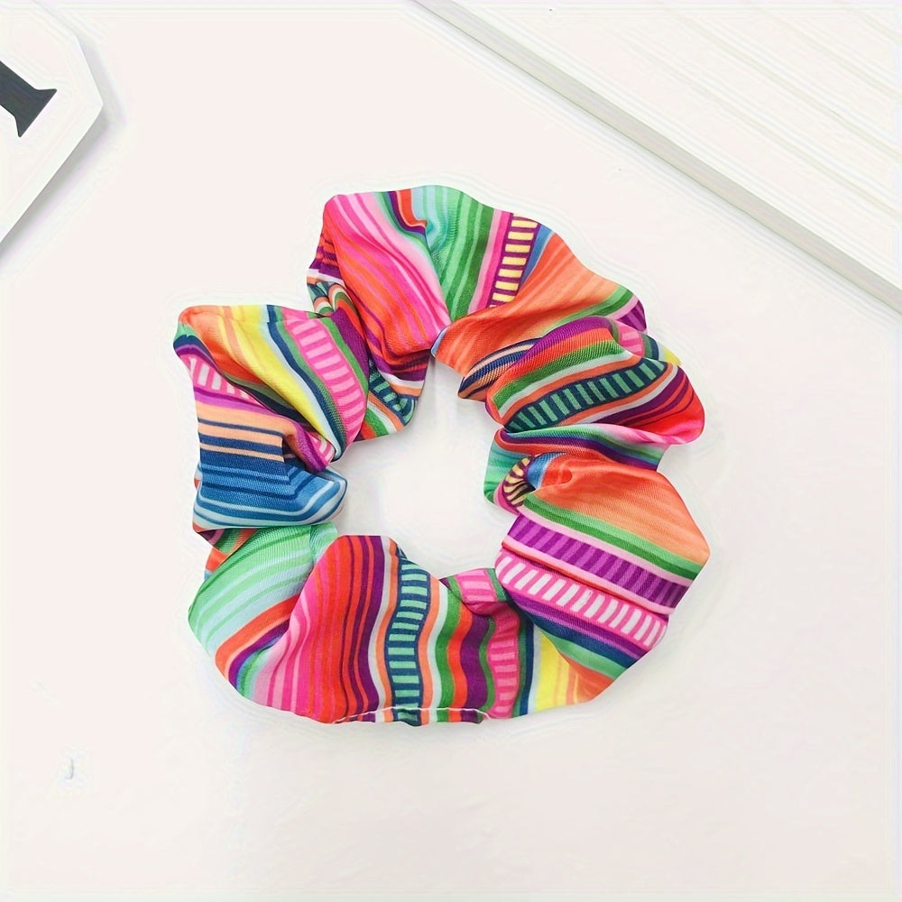 Mexican Rainbow Striped Fabric Hair Scrunchie – Boho Elastic Hair Tie