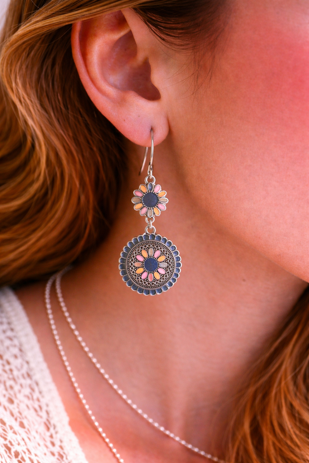 Vintage Floral Disc Drop Earrings