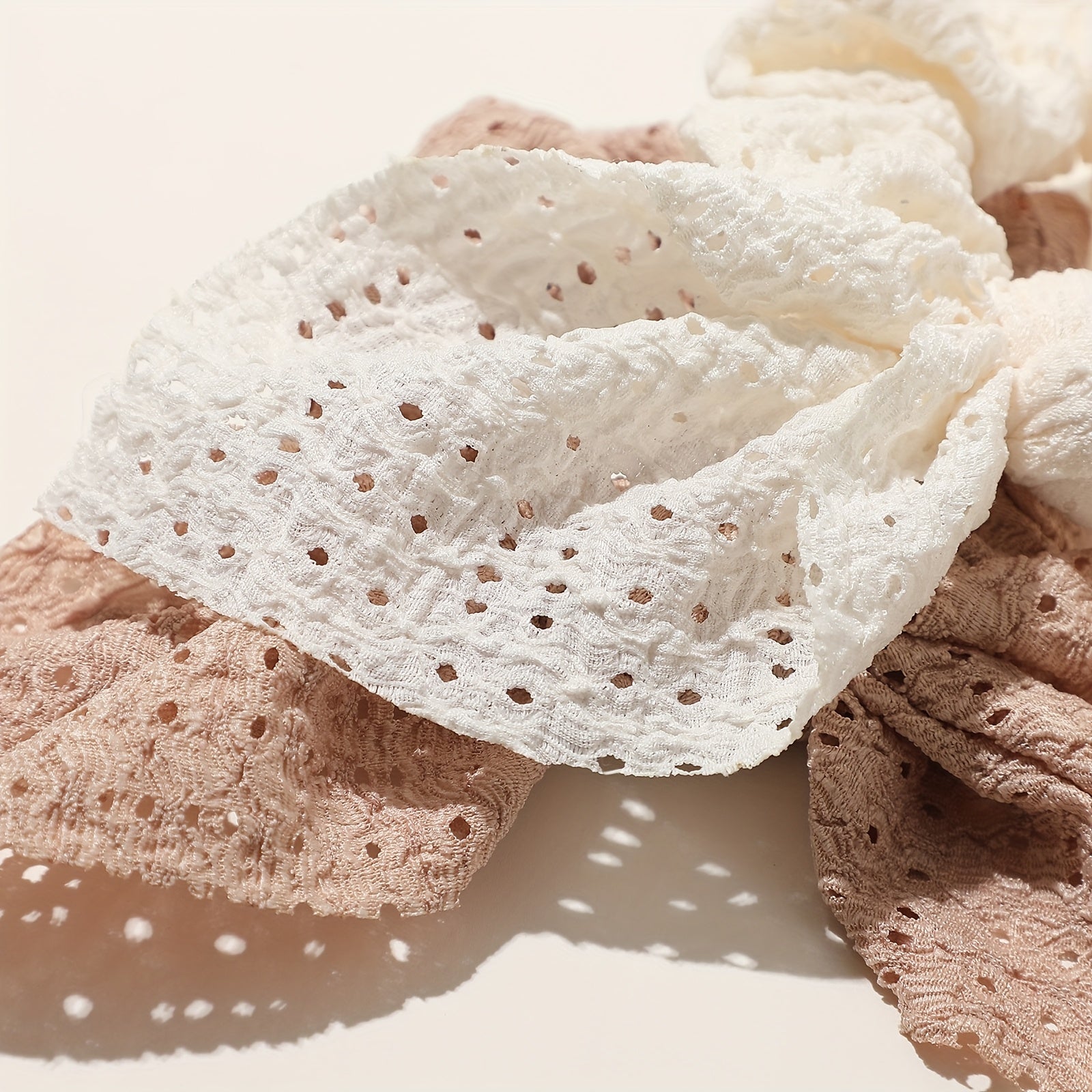 Set of 3 Earth Tone Bow Scrunchies – Hollow Fabric Hair Ties with Square Scarves