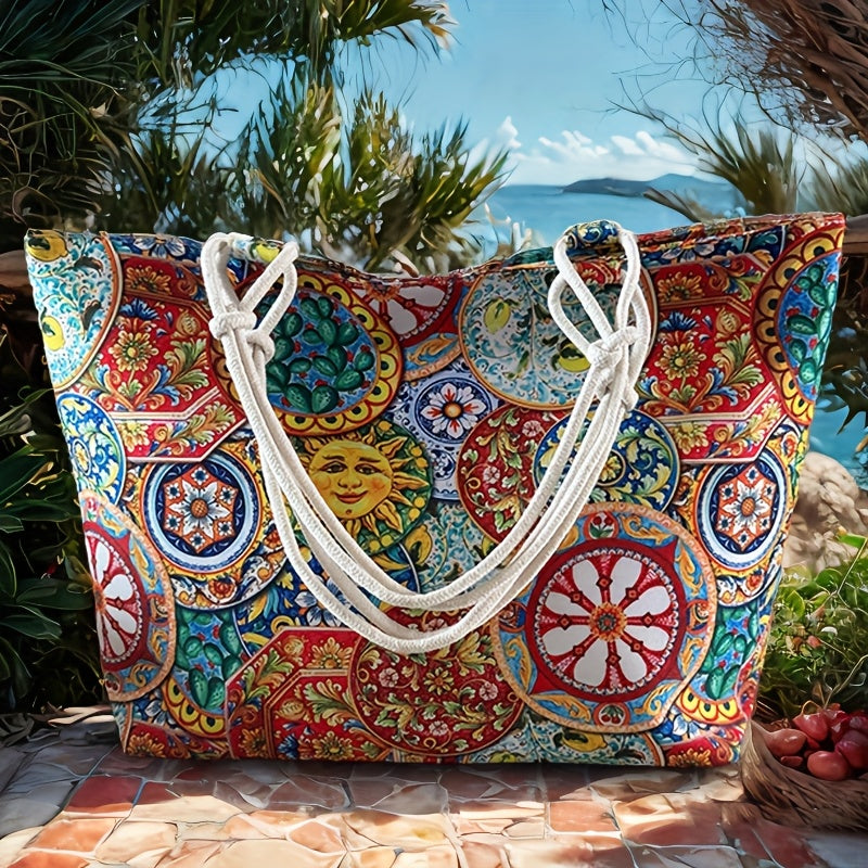 Women’s Ethnic-Inspired Oversized Tote Bag with Spacious Interior and Bohemian Style