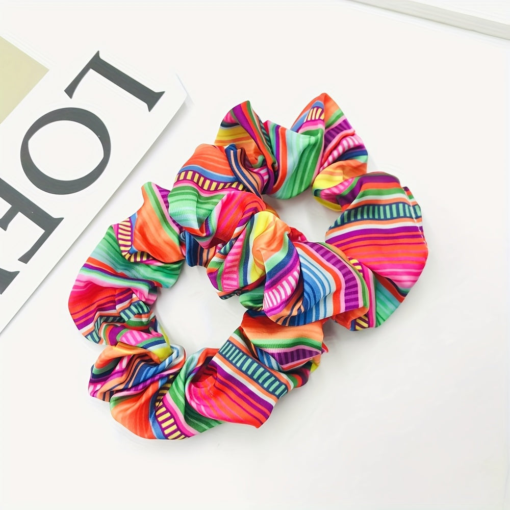 Mexican Rainbow Striped Fabric Hair Scrunchie – Boho Elastic Hair Tie