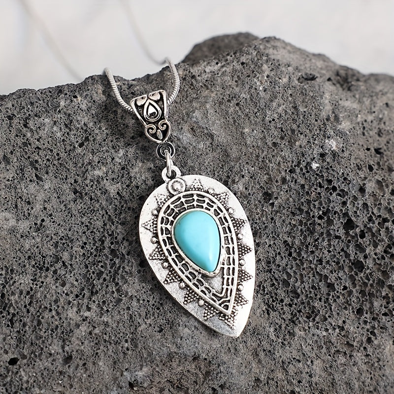 Vintage Carved Water Drop Turquoise Pendant Necklace