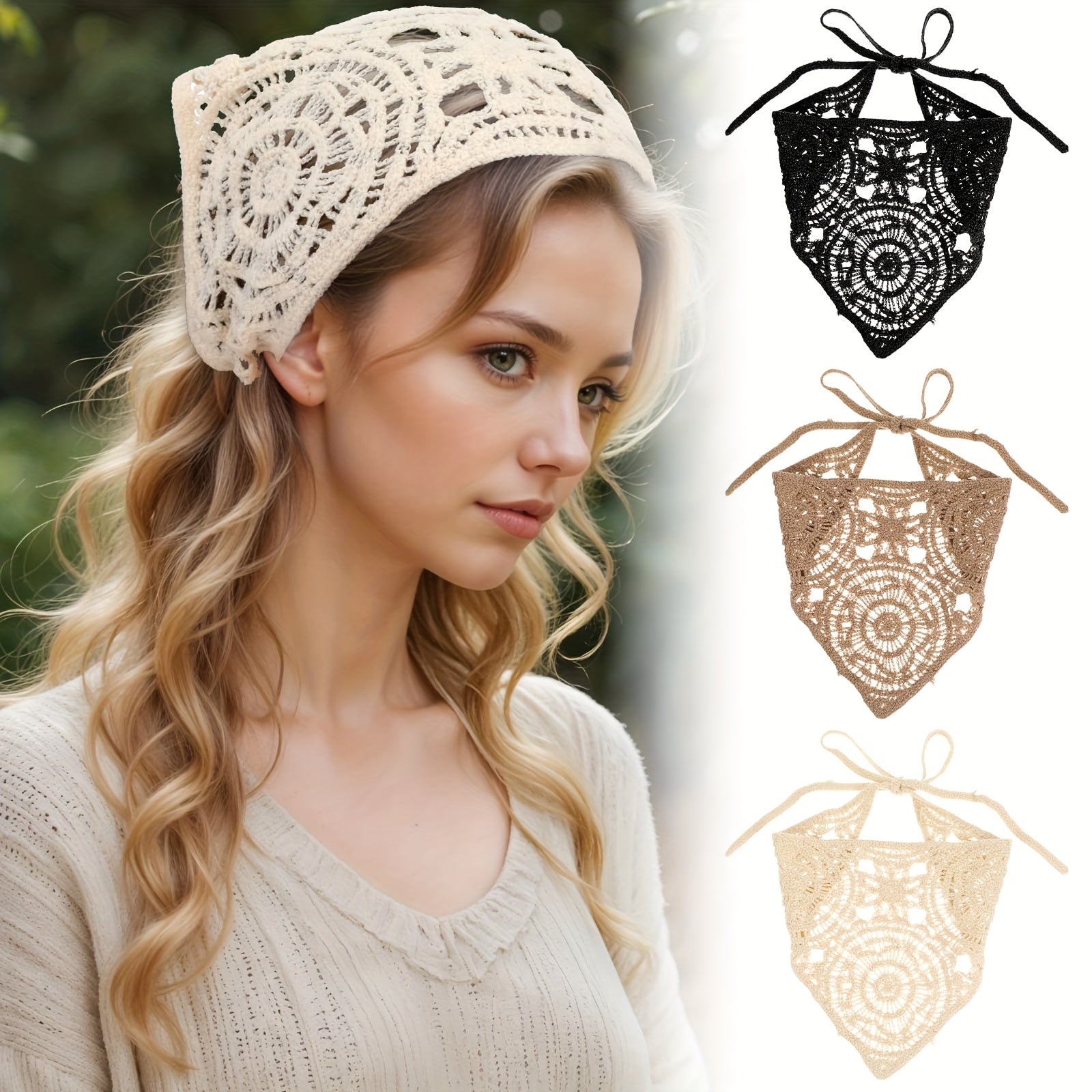 3-piece boho crochet triangle headband set with adjustable bow tie