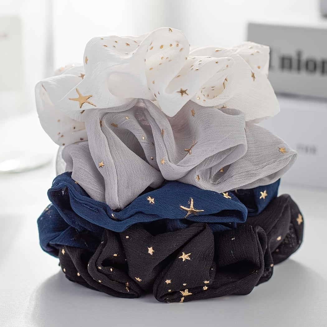 Set of 4 Bohemian Chiffon Star Scrunchies – Elastic Ponytail Ties & Hair Ropes