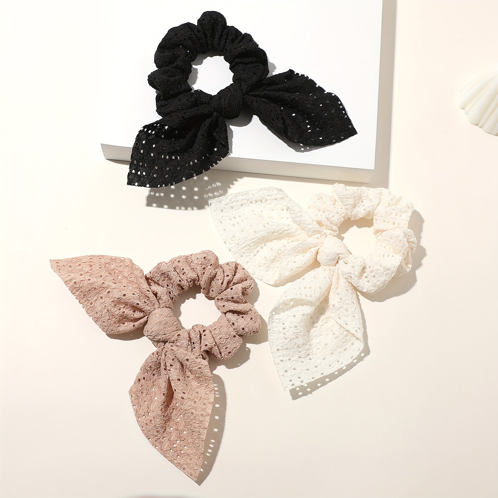 Set of 3 Earth Tone Bow Scrunchies – Hollow Fabric Hair Ties with Square Scarves