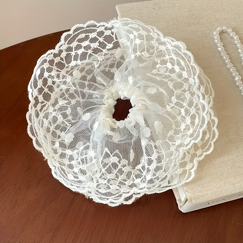 Set of 4 White Lace Scrunchies – Daisy & Four-Leaf Clover Hair Ties