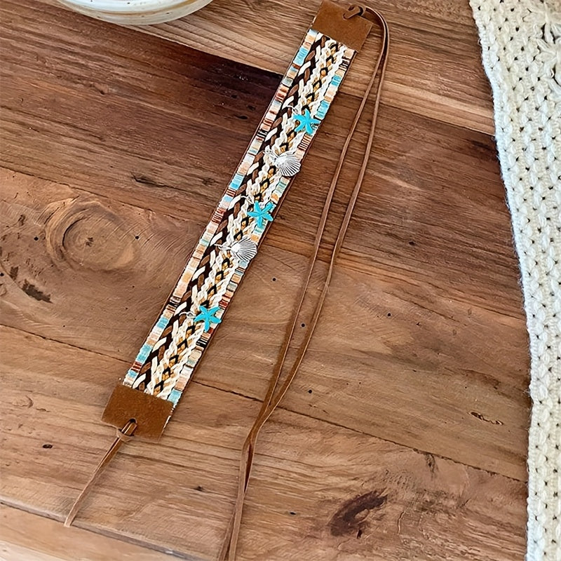 Bohemian triple-wear woven accessory you can style as a headband, necklace or belt.