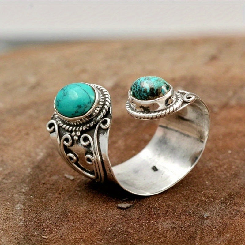 Bohemian Turquoise Adjustable Statement Ring - Vintage Silver Finish