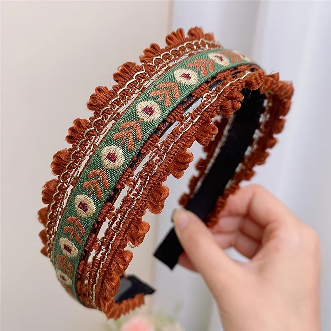 Bohemian embroidered wide headband with vintage-inspired design.