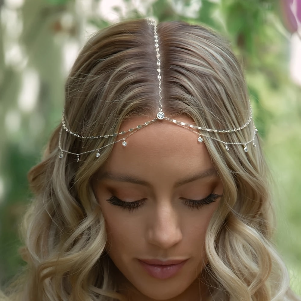Fairy-style boho head chain with layered design and water diamond sparkle