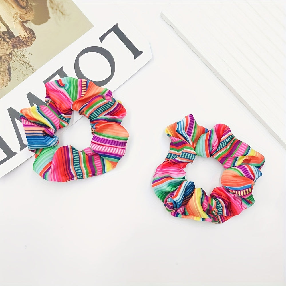 Mexican Rainbow Striped Fabric Hair Scrunchie – Boho Elastic Hair Tie