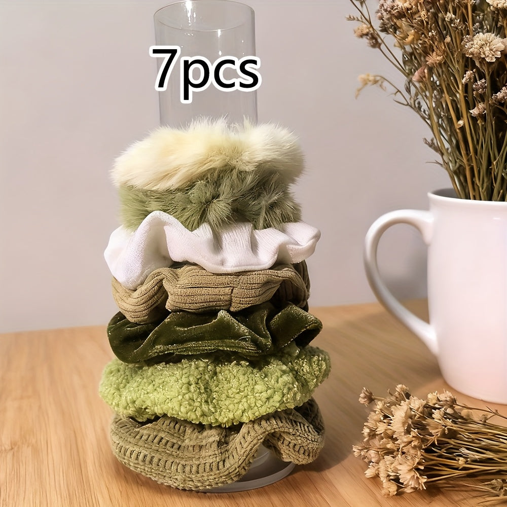 Set of 7 Velvet & Plush Hair Scrunchies – Soft Hair Bands for Women