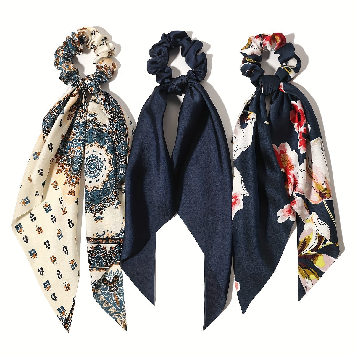 Set of 3 Printed Fabric Bow Scrunchies – Rings with Scarf Tails (Navy Blue)
