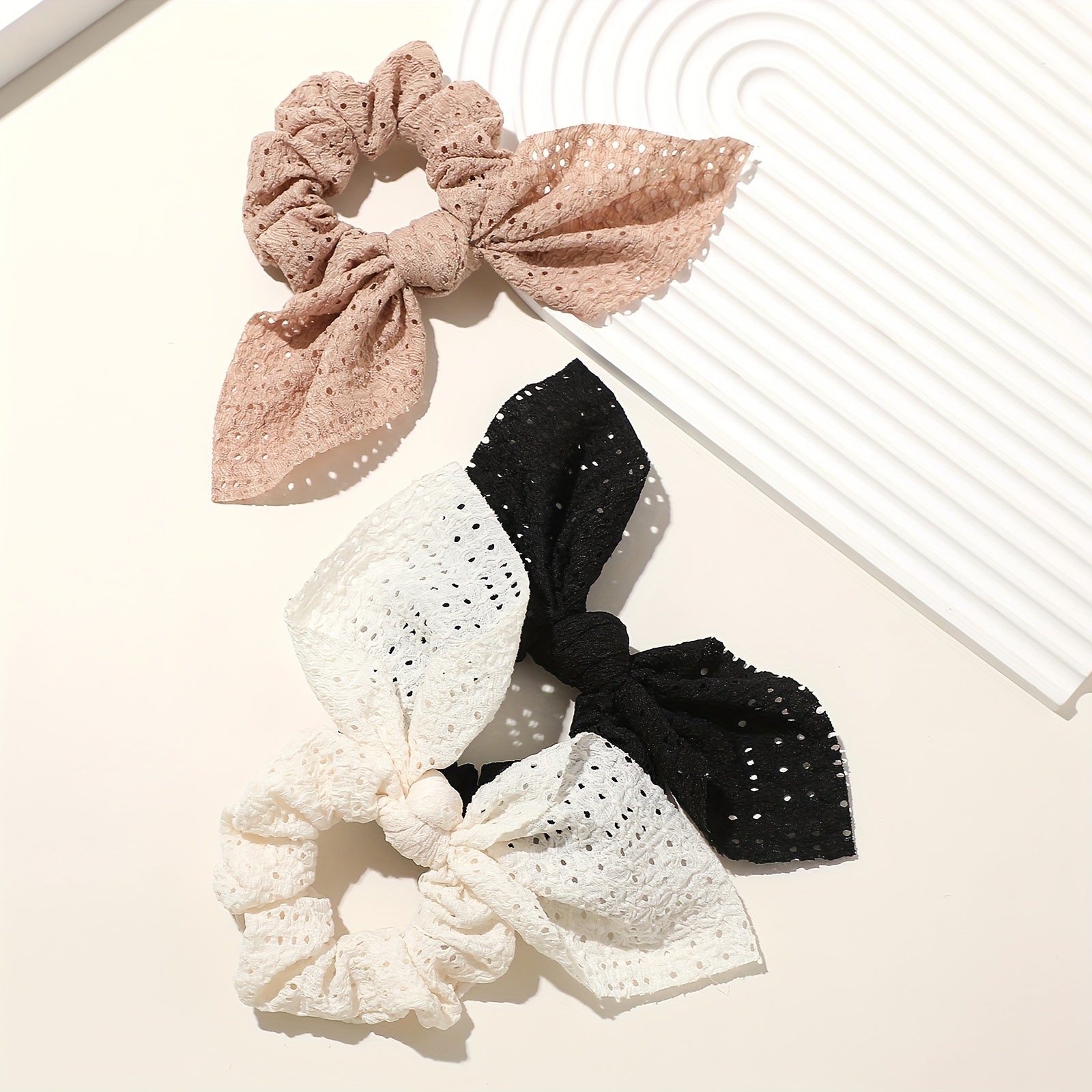Set of 3 Earth Tone Bow Scrunchies – Hollow Fabric Hair Ties with Square Scarves