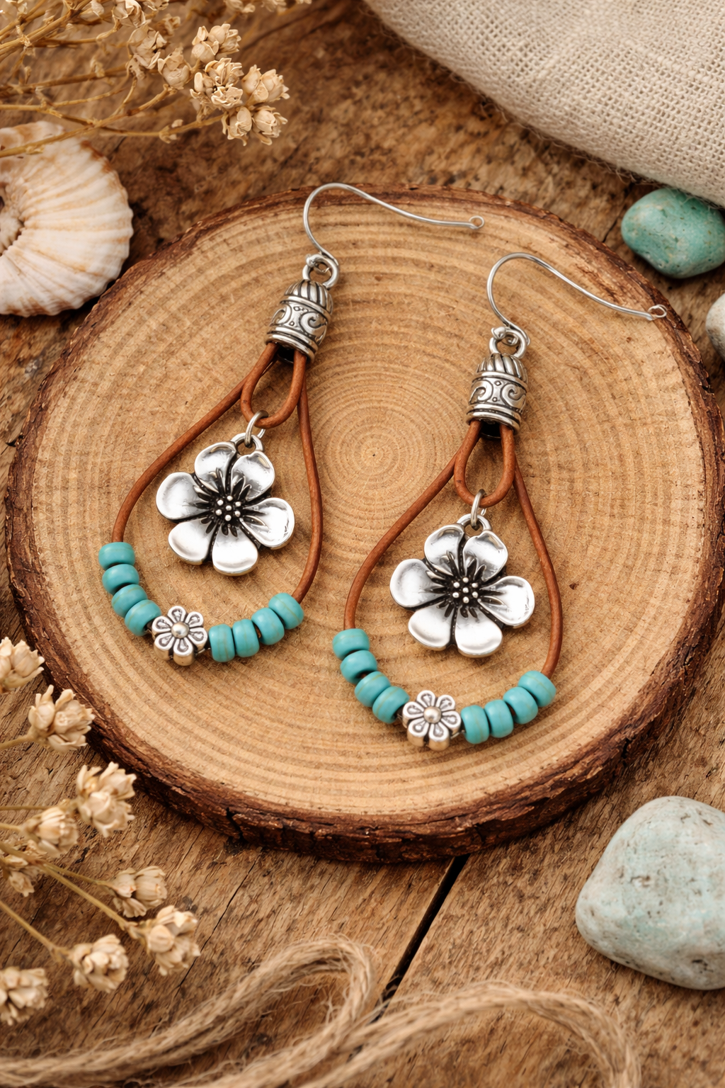 Plum Blossom Pendant With Turquoise Beads Earrings