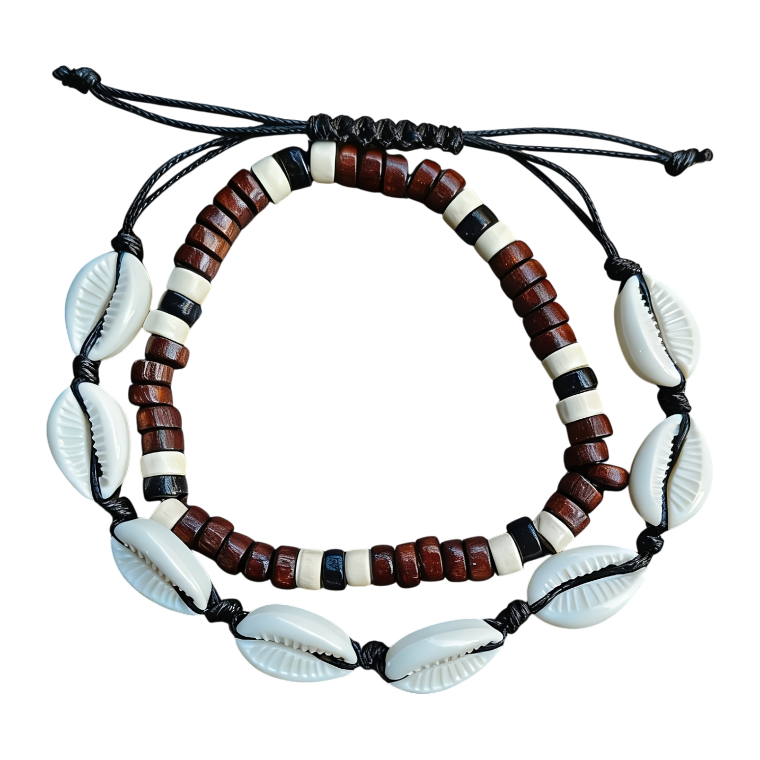 Bohemian Beach Shell & Wood Bead Anklet Set – 2pcs Adjustable Seashell Ankle Chains