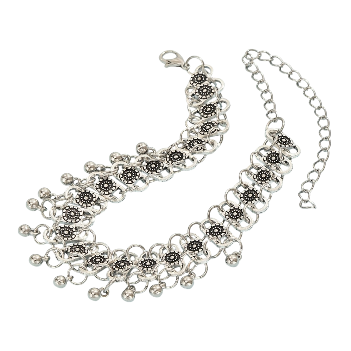 Boho Vintage Silver Anklet – Alloy Pendant Beaded Tassel Foot Jewellery