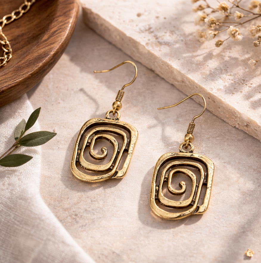 Asymmetrical Geometric Hollow Metal Spiral Drop Earrings