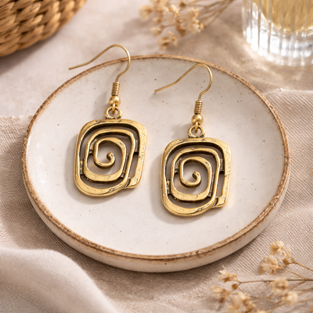 Asymmetrical Geometric Hollow Metal Spiral Drop Earrings