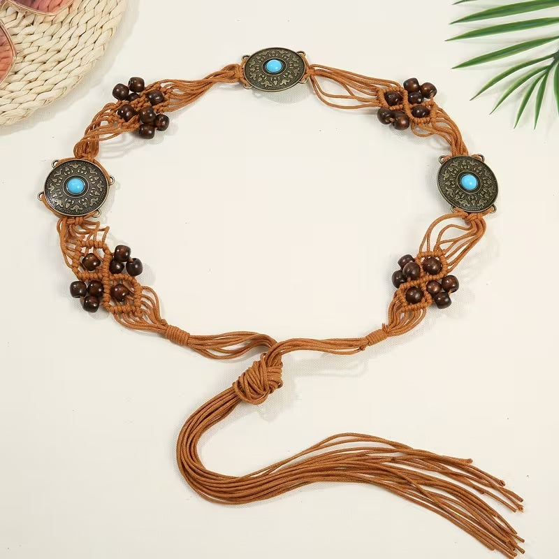 Turquoise Inlaid Braided Boho Belt
