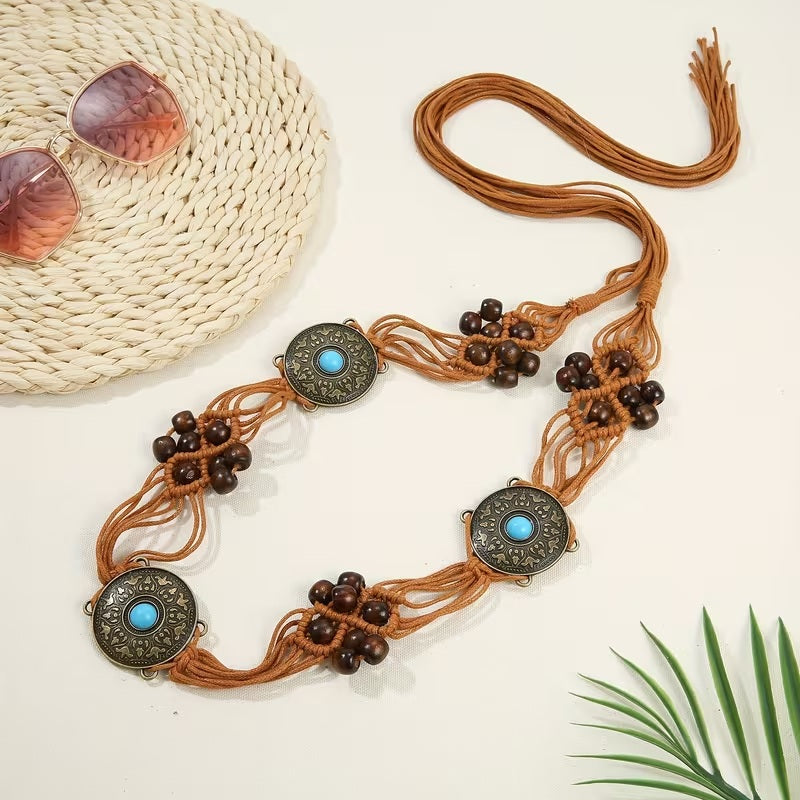 Turquoise Inlaid Braided Boho Belt