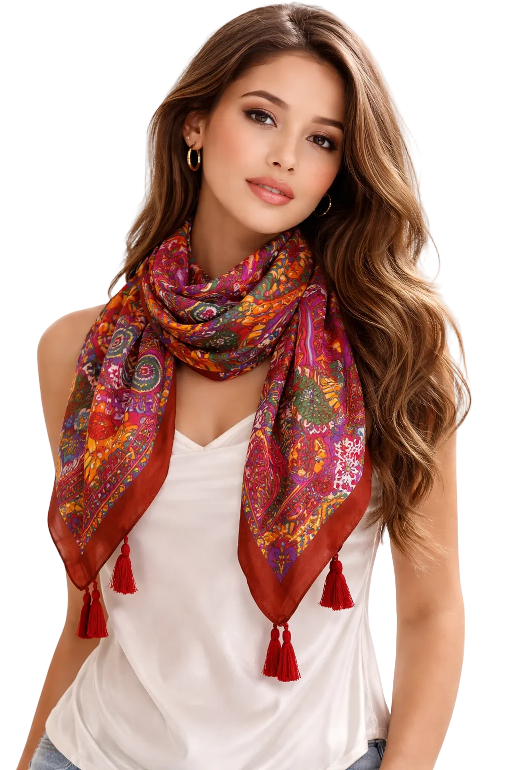 Bohemian Color Block Paisley Scarf – Soft Fringe Shawl & Wrap for Women