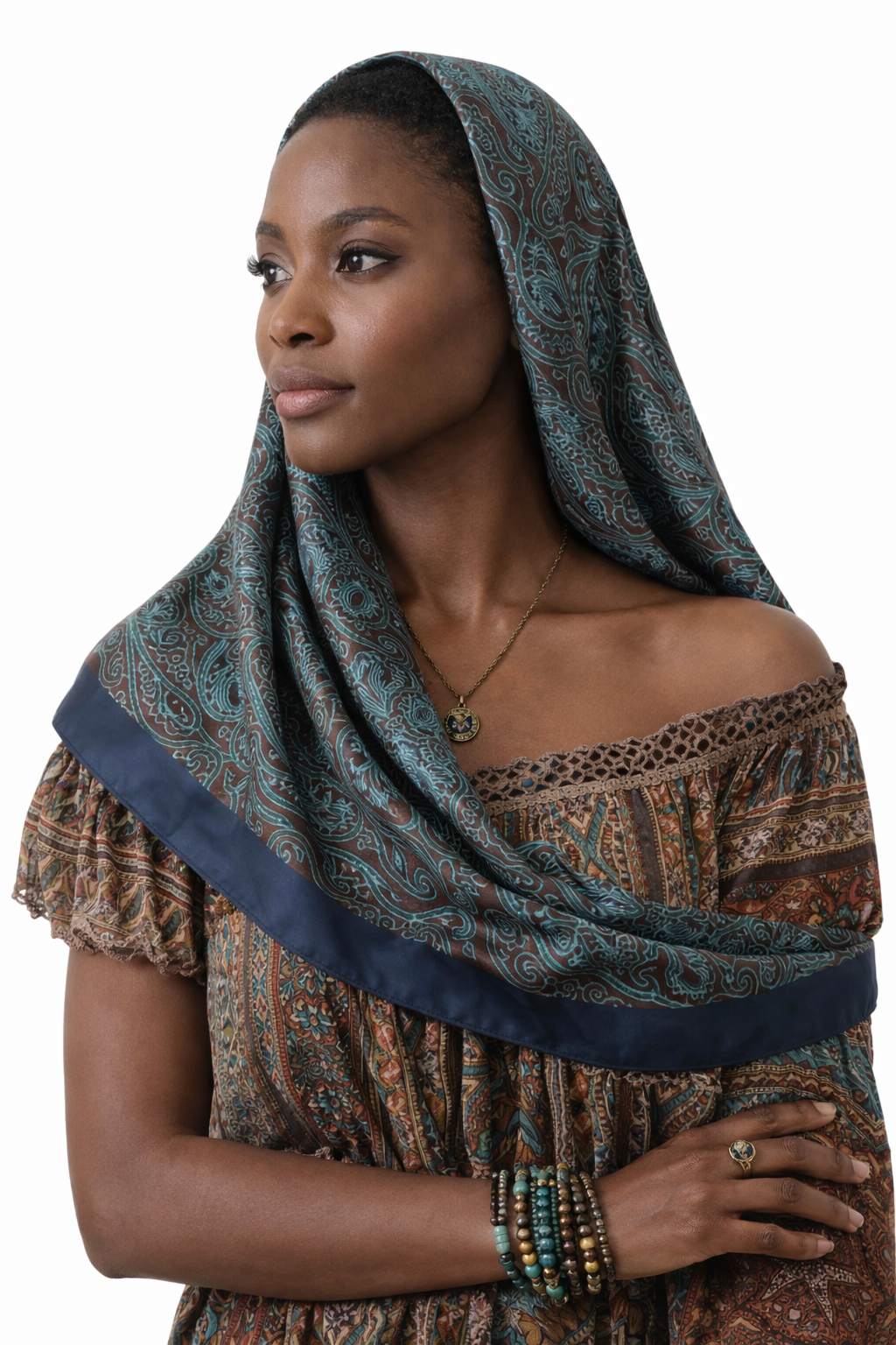 Bohemian Blue Color-Block Square Scarf – Lightweight Neck & Hair Scarf