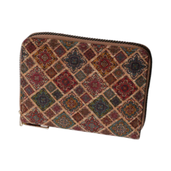 Multicolored patterned pouch on a white background