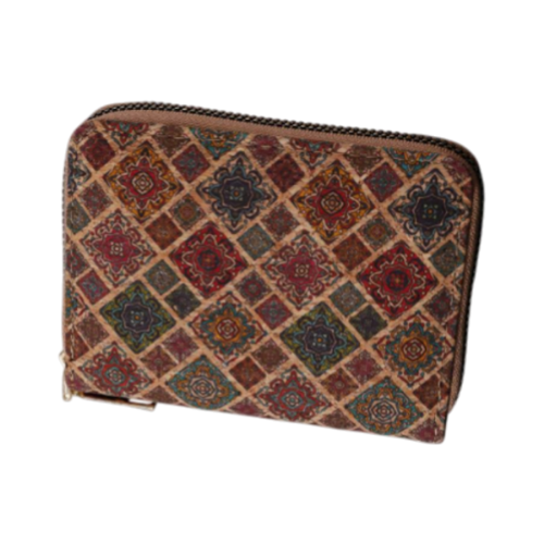 Multicolored patterned pouch on a white background