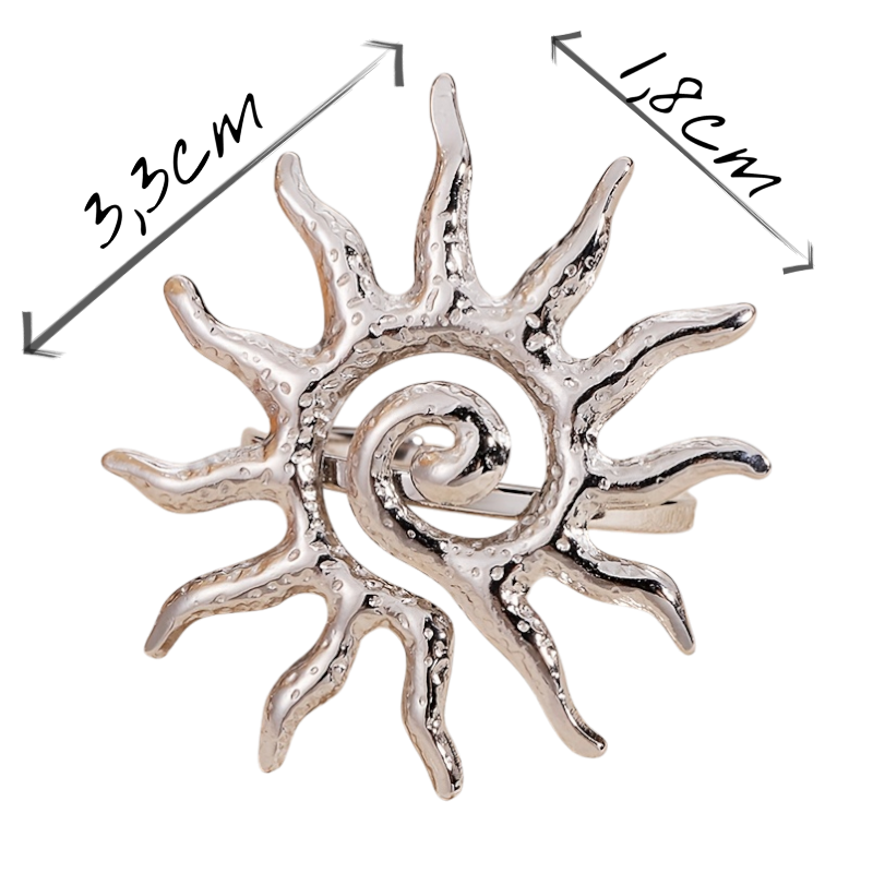Silver spiral brooch with measurements on a white background