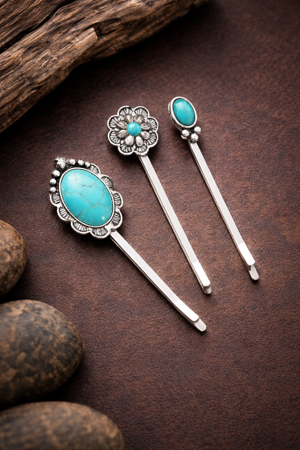 Boho western hair clip set with floral and oval faux turquoise designs