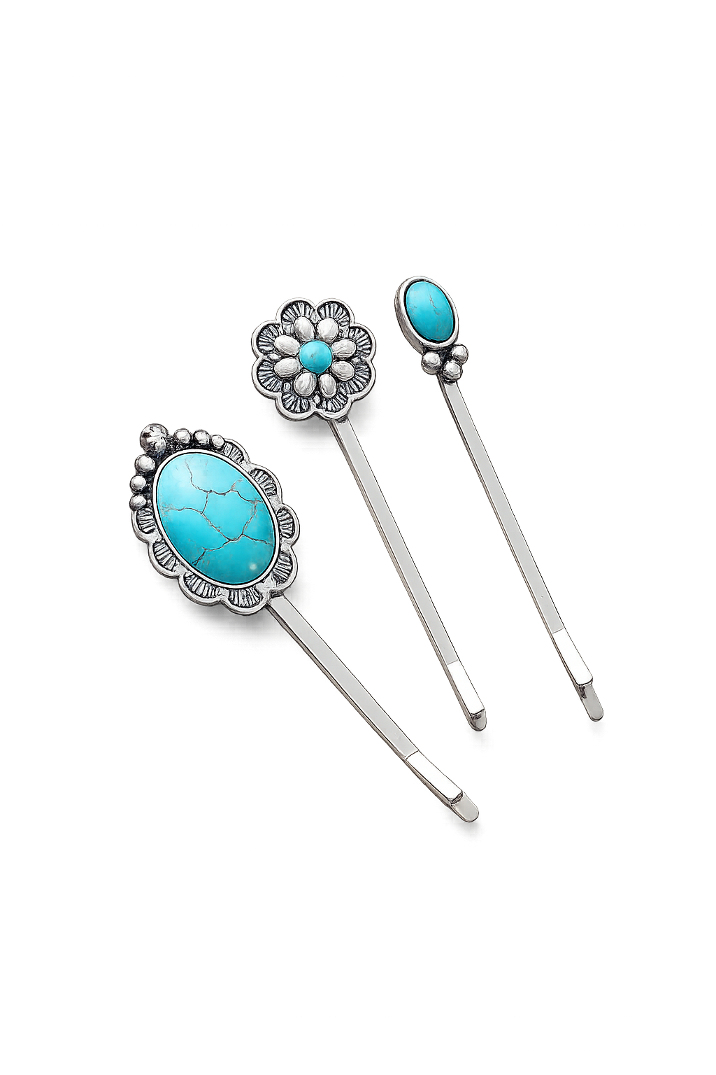 Boho western hair clip set with floral and oval faux turquoise designs