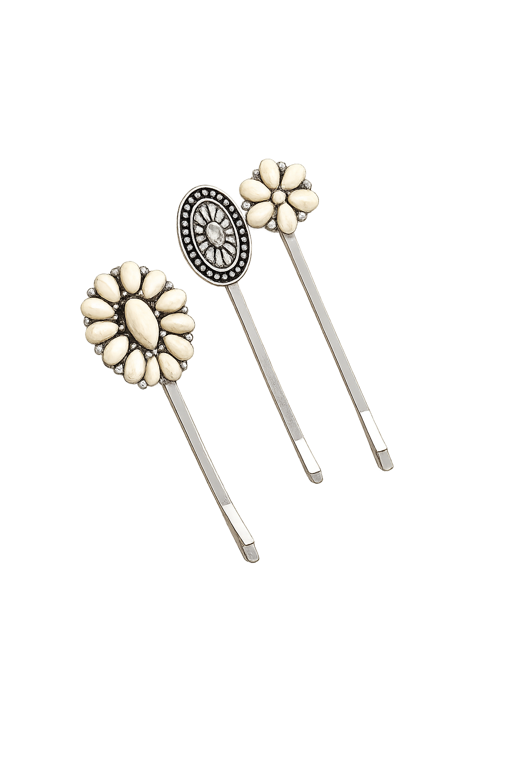 Boho western ivory hair clip set with floral and concho designs