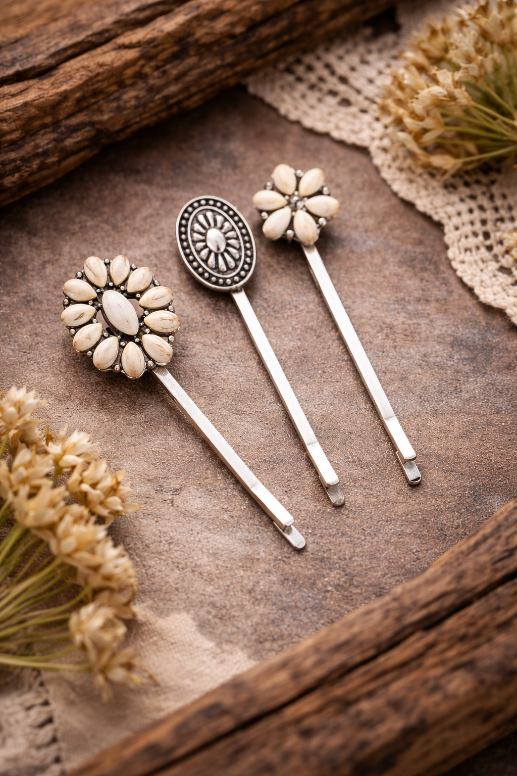 Boho western ivory hair clip set with floral and concho designs