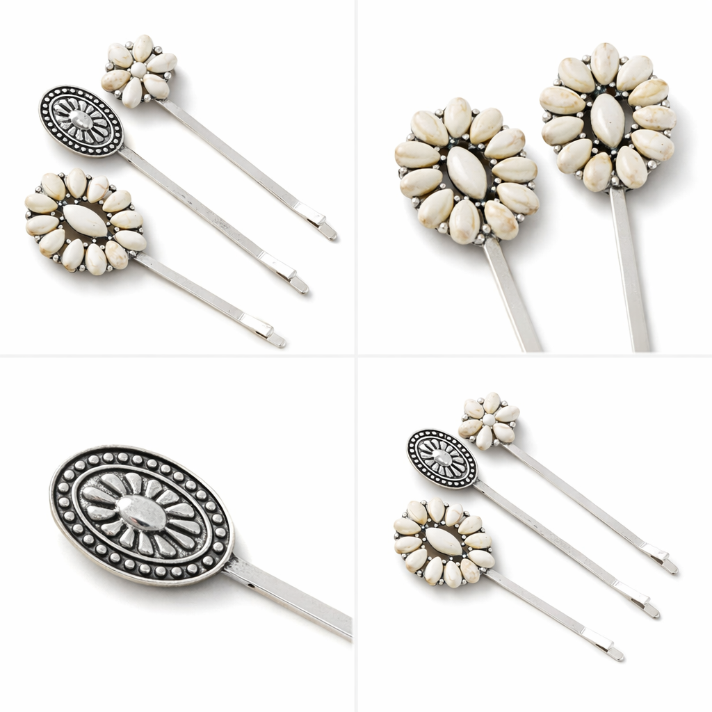 Boho western ivory hair clip set with floral and concho designs