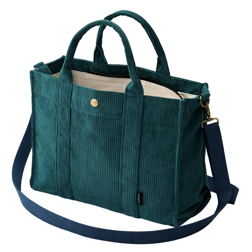 Green corduroy bag with a blue strap on a white background