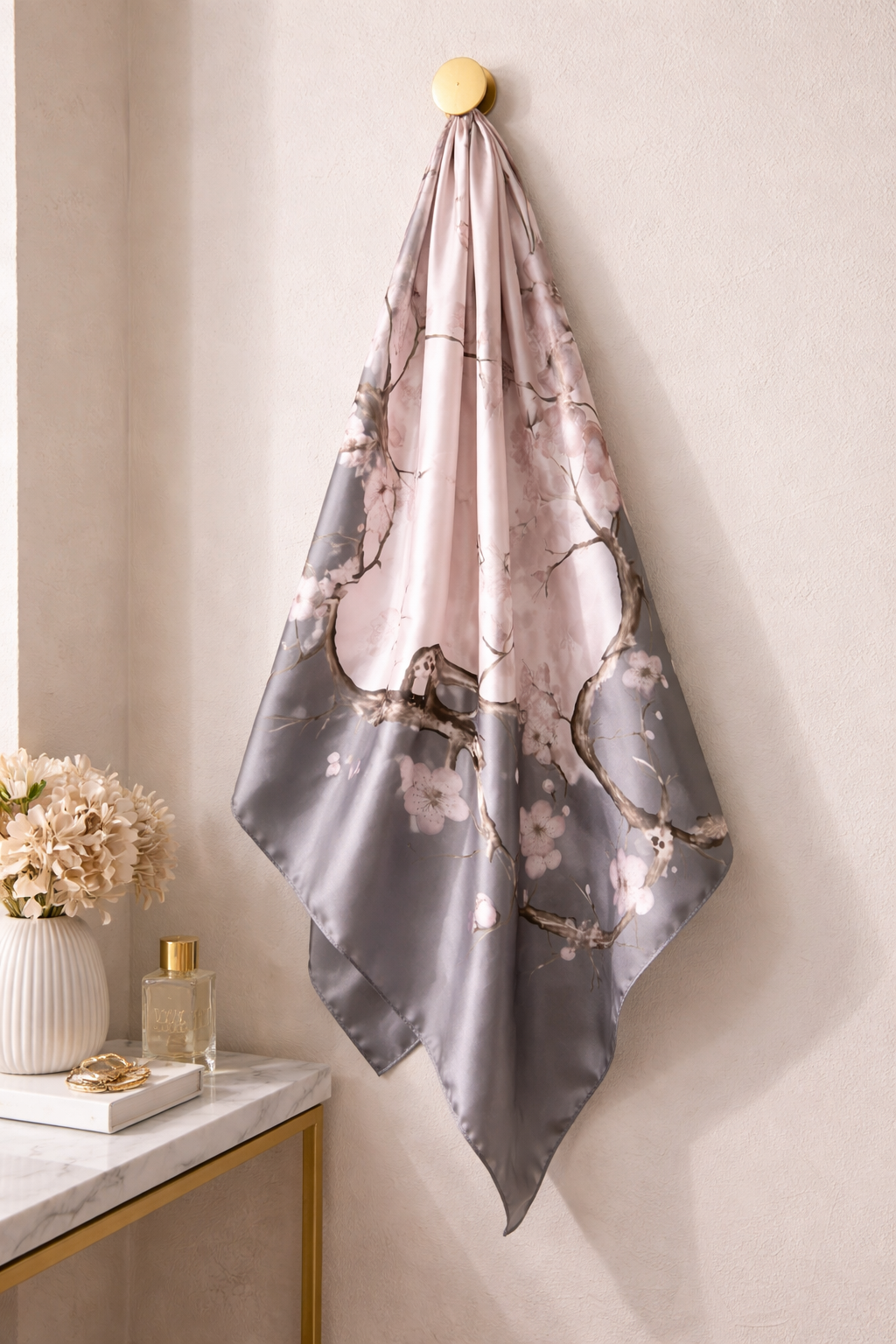 Floral Satin Square Scarf – Soft Lightweight Pink Headscarf
