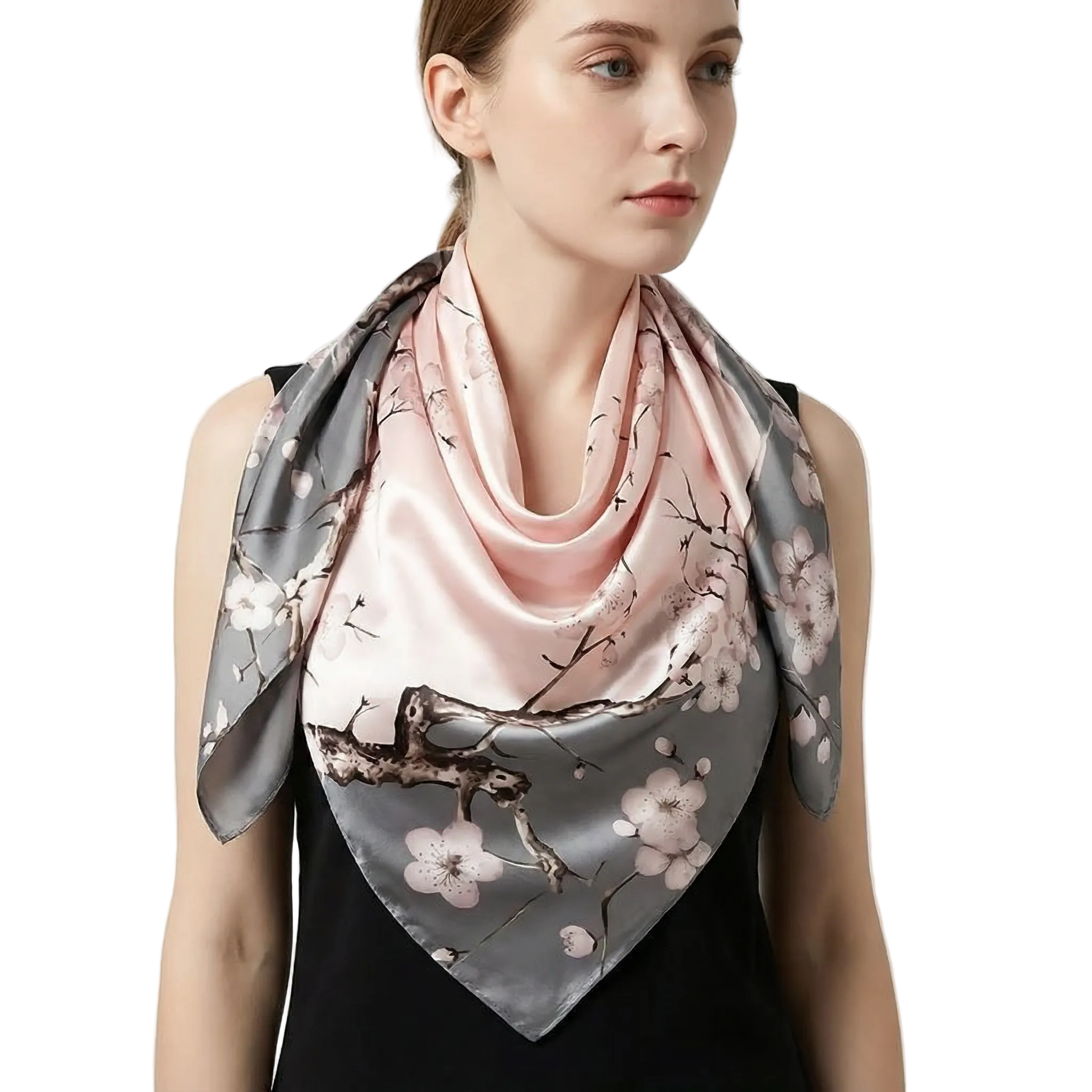 Floral Satin Square Scarf – Soft Lightweight Pink Headscarf