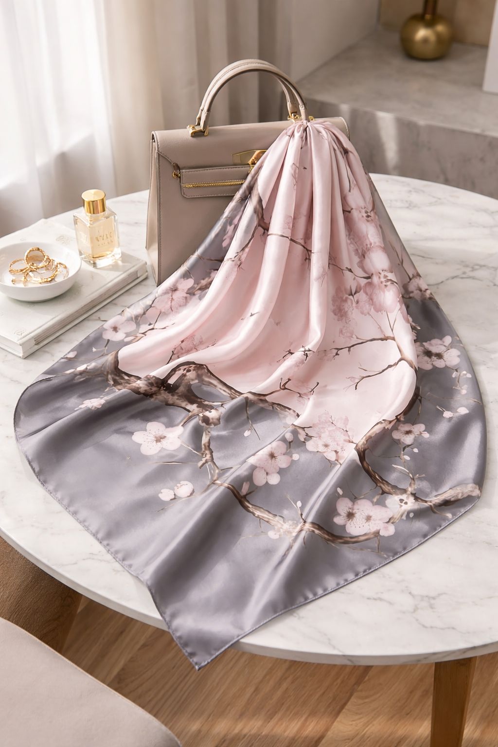 Floral Satin Square Scarf – Soft Lightweight Pink Headscarf