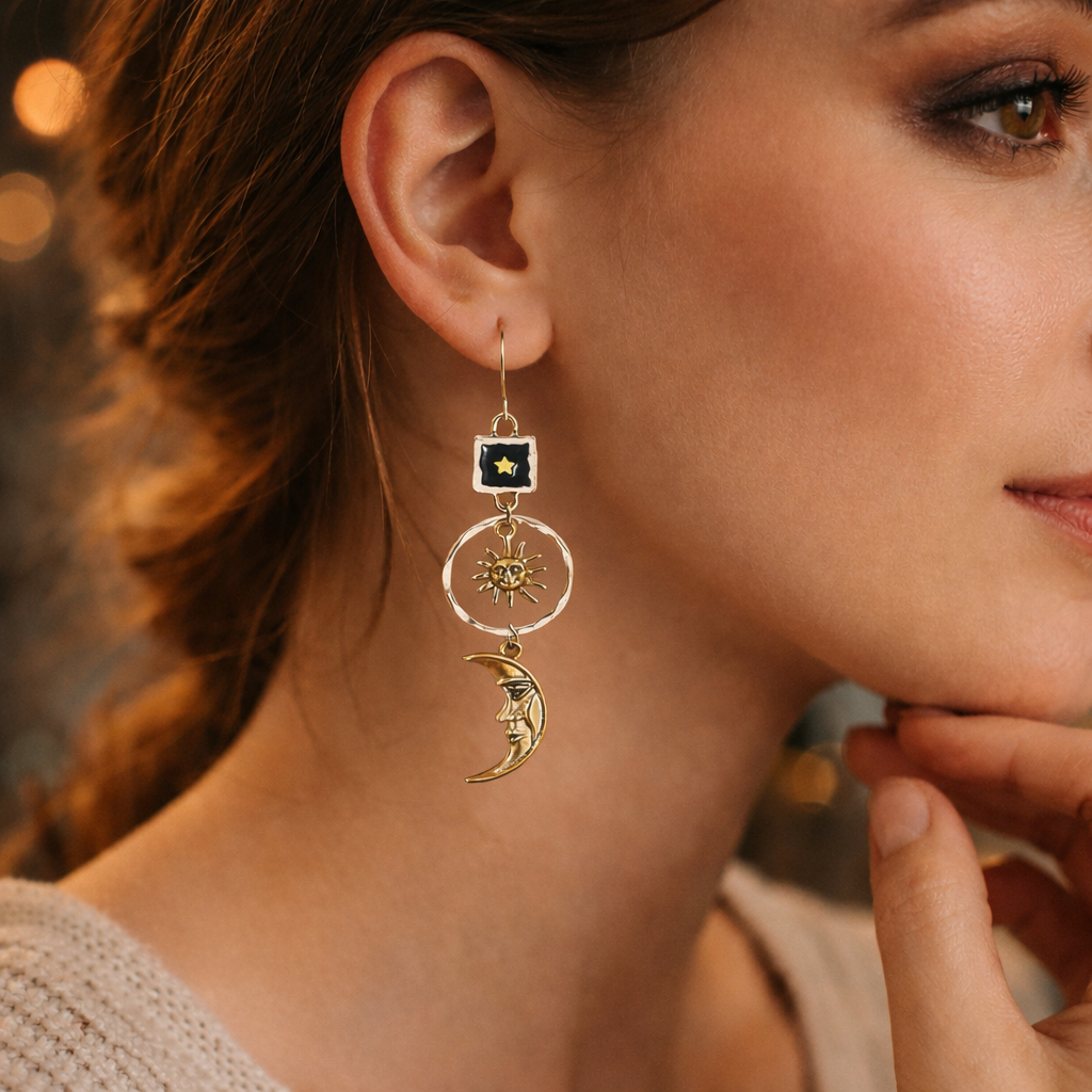 Retro Creative Moon & Sun Long Pendant Earrings