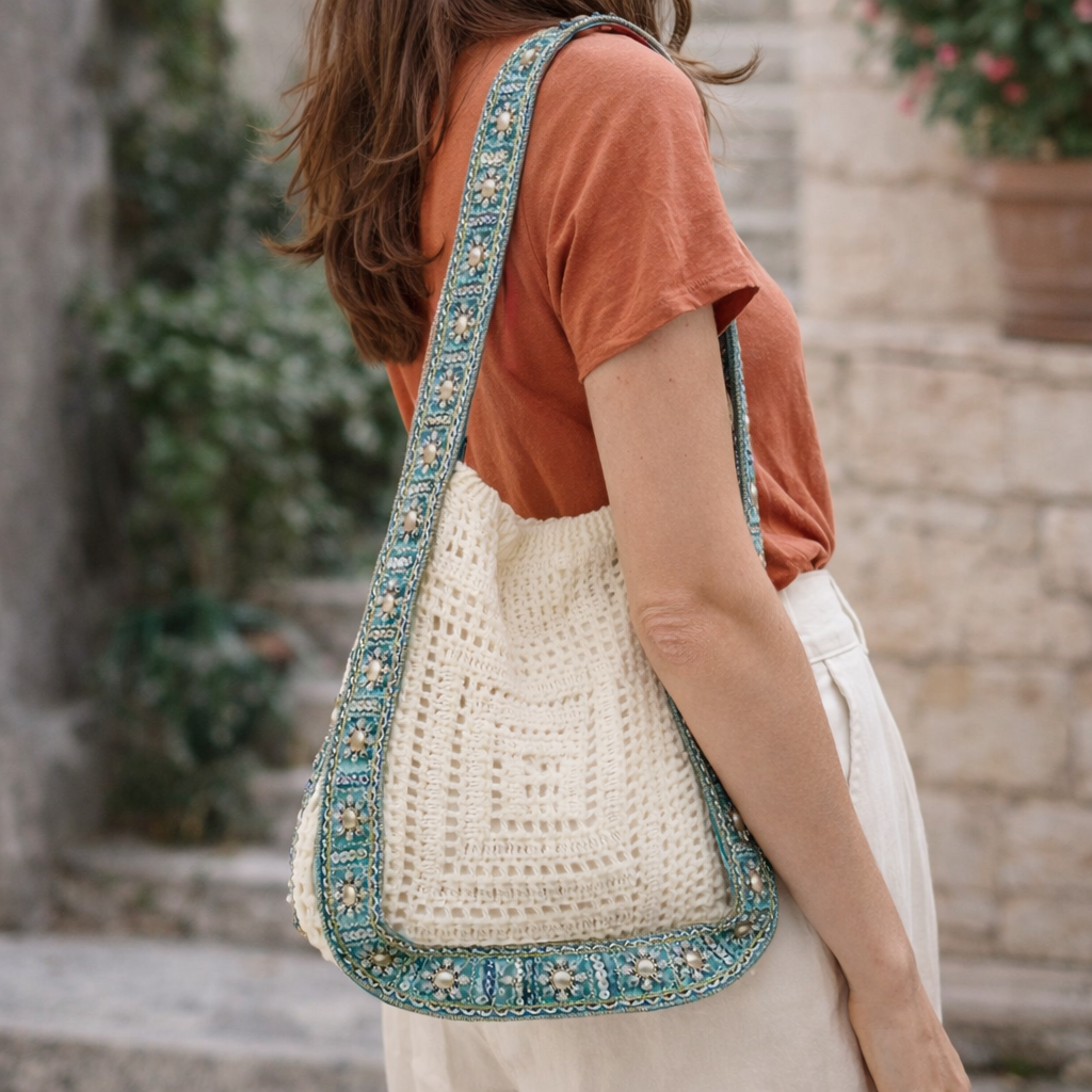 Crochet Shoulder Bag – Polyester Crochet with Embroidered Strap