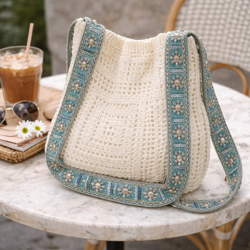Crochet Shoulder Bag – Polyester Crochet with Embroidered Strap