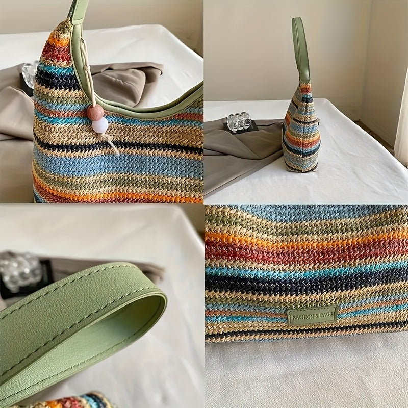 Bohemian Multicolor Striped Tote Bag – Lightweight Beach Bag with Fringe Tassel Decor